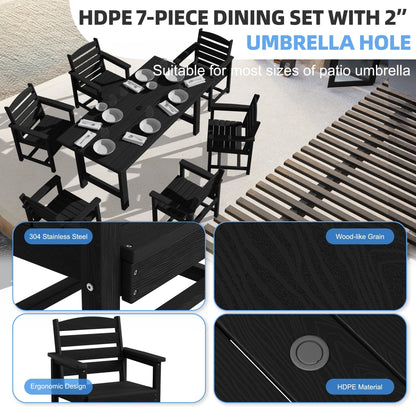 Set da pranzo per esterni in HDPE da 7 pezzi con foro per ombrellone - 1 tavolo e 6 sedie