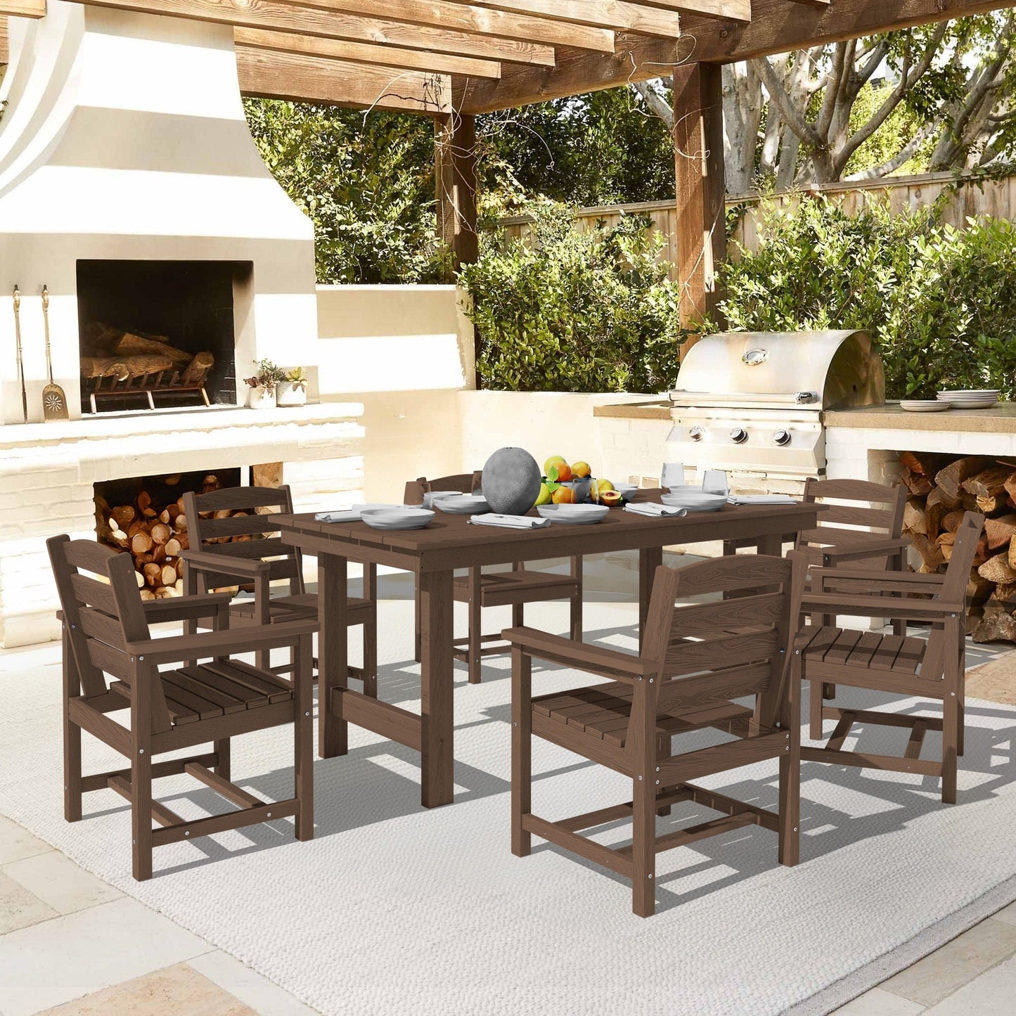 Set da pranzo per esterni in HDPE da 7 pezzi con foro per ombrellone - 1 tavolo e 6 sedie