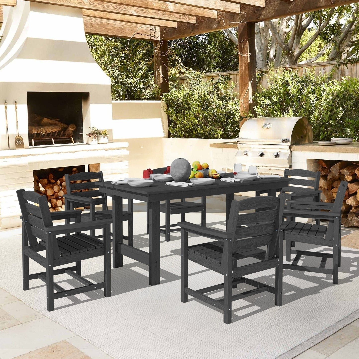 Set da pranzo per esterni in HDPE da 7 pezzi con foro per ombrellone - 1 tavolo e 6 sedie