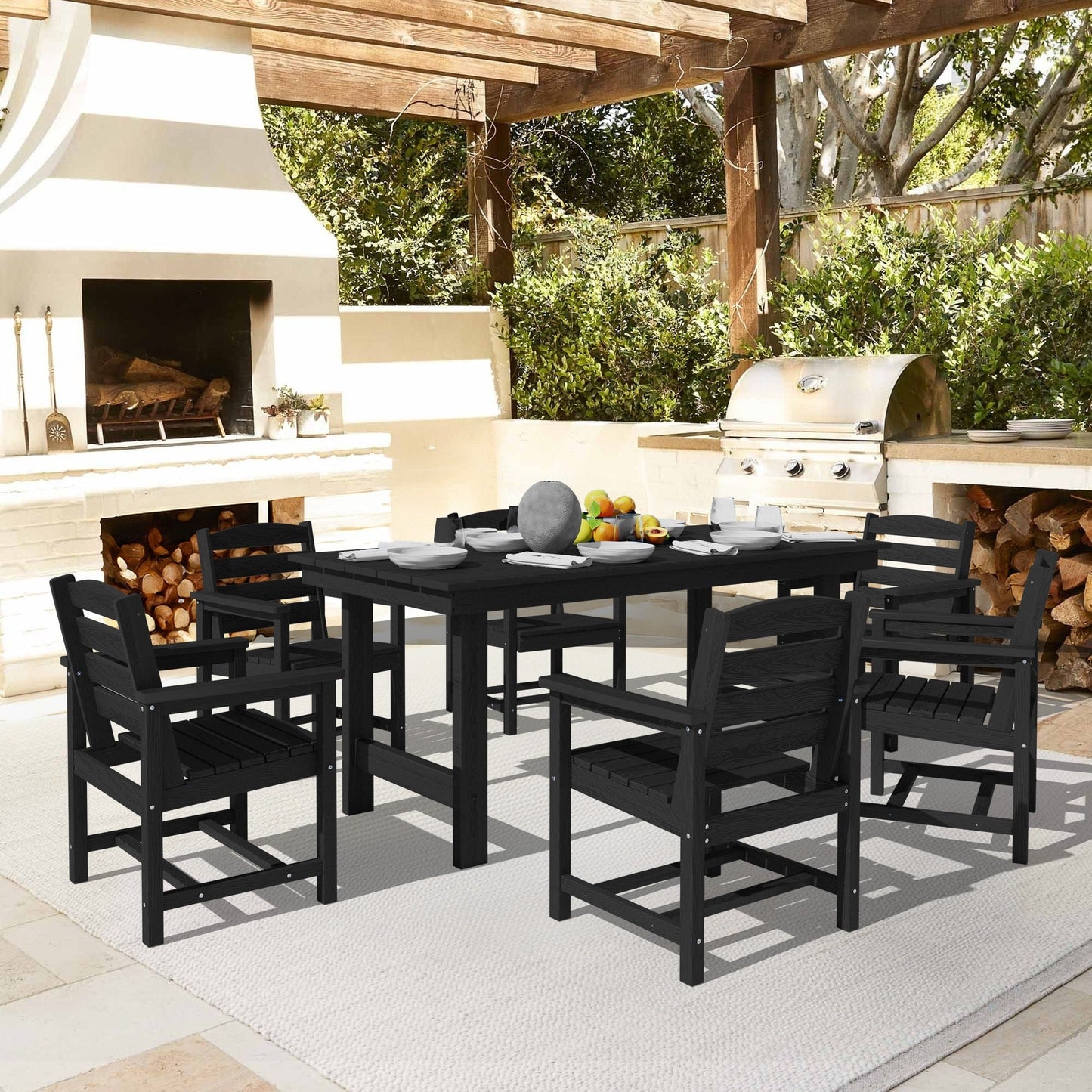 Set da pranzo per esterni in HDPE da 7 pezzi con foro per ombrellone - 1 tavolo e 6 sedie