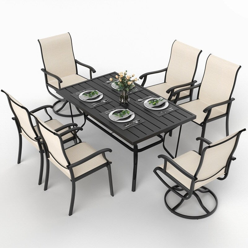 Set da pranzo per esterni in metallo da 7 pezzi con 6 sedie in textilene e tavolo rettangolare