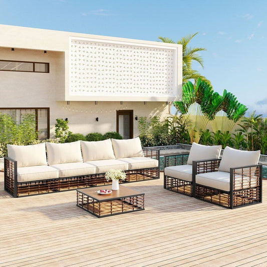 Set di divani componibili da giardino in metallo da 7 pezzi, set di mobili da giardino per tutte le stagioni, con cuscini spessi e tavolino da caffè
