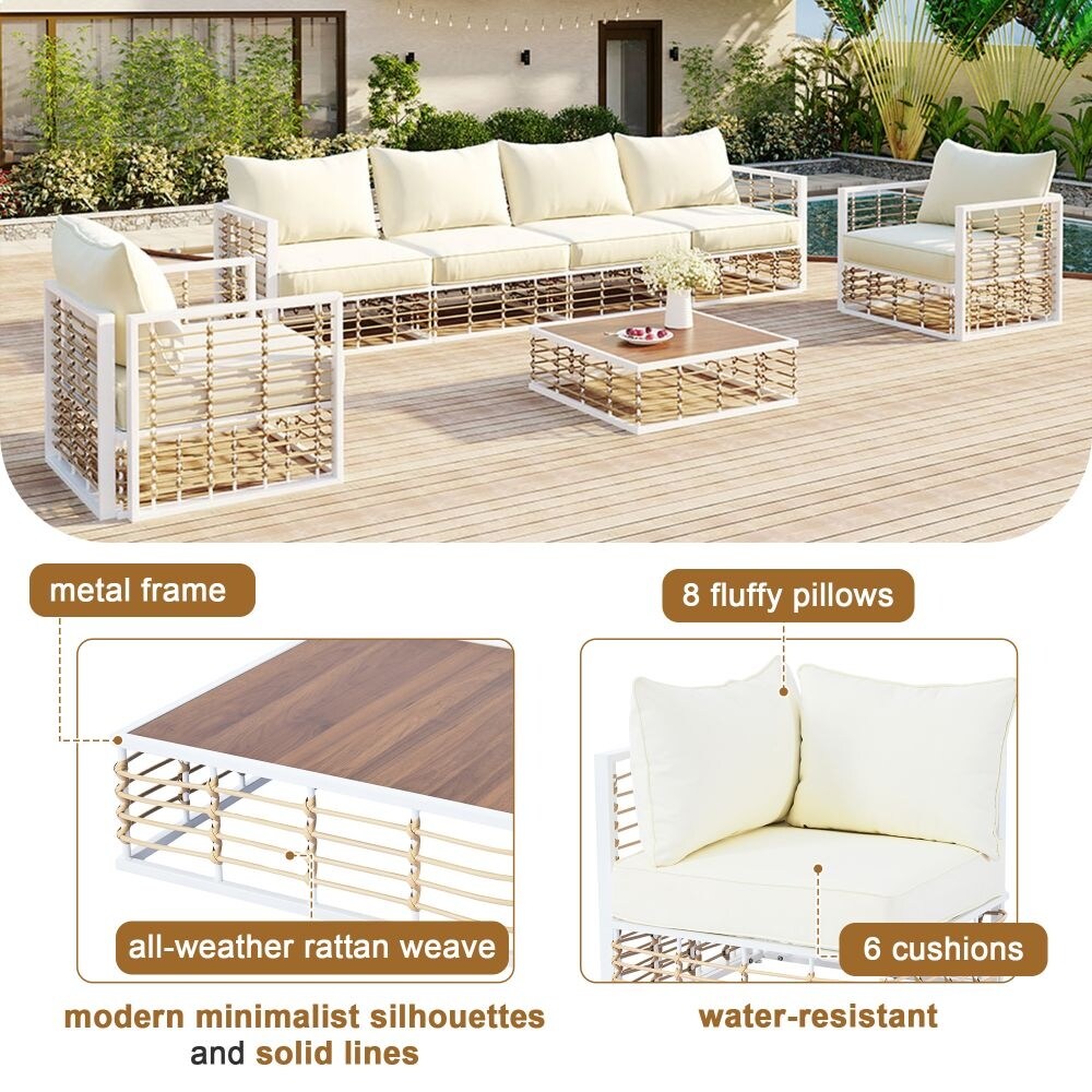 Set di divani componibili da giardino in metallo da 7 pezzi, set di mobili da giardino per tutte le stagioni, con cuscini spessi e tavolino da caffè