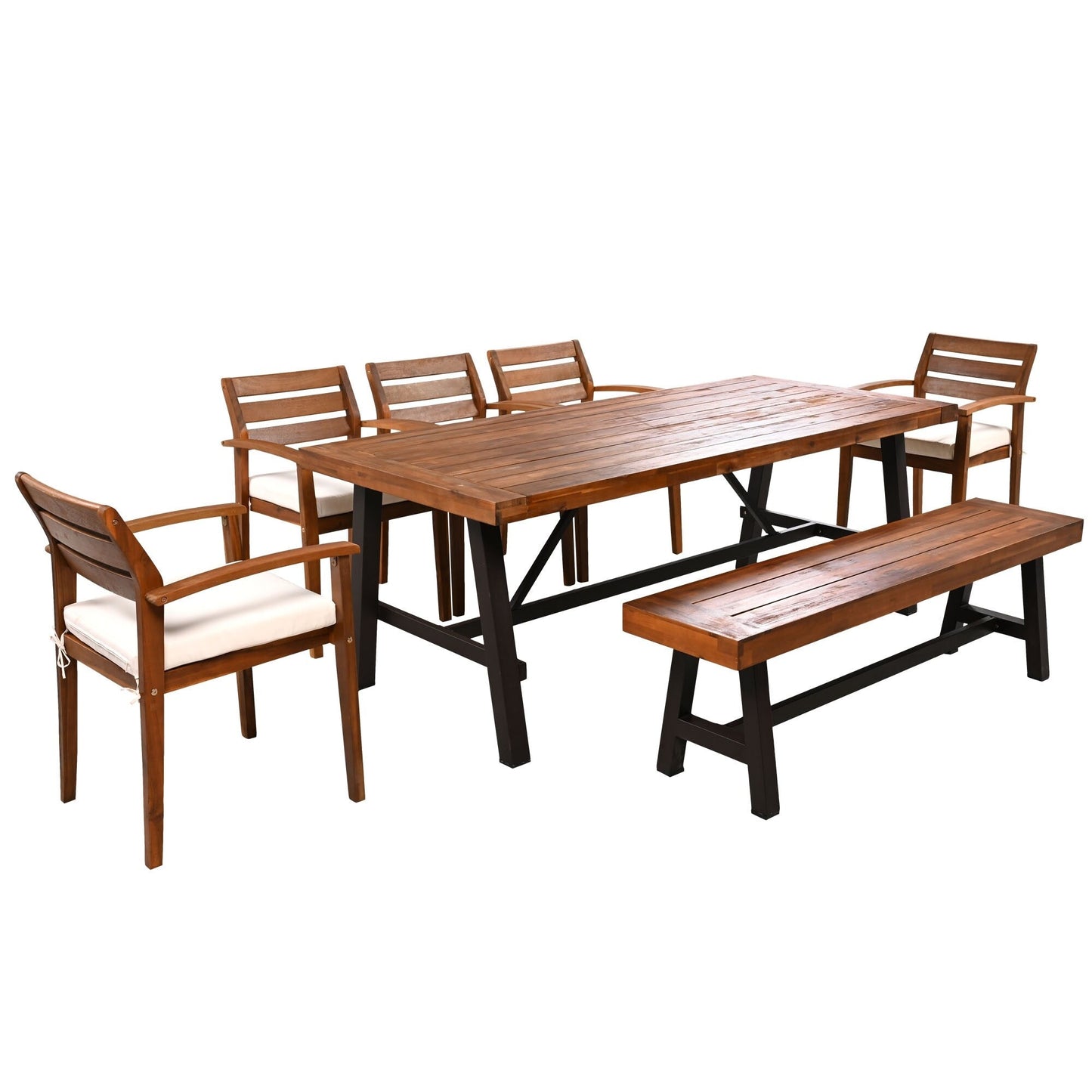 Set da pranzo da esterno in legno di acacia da 7 pezzi con cuscini rimovibili e panca