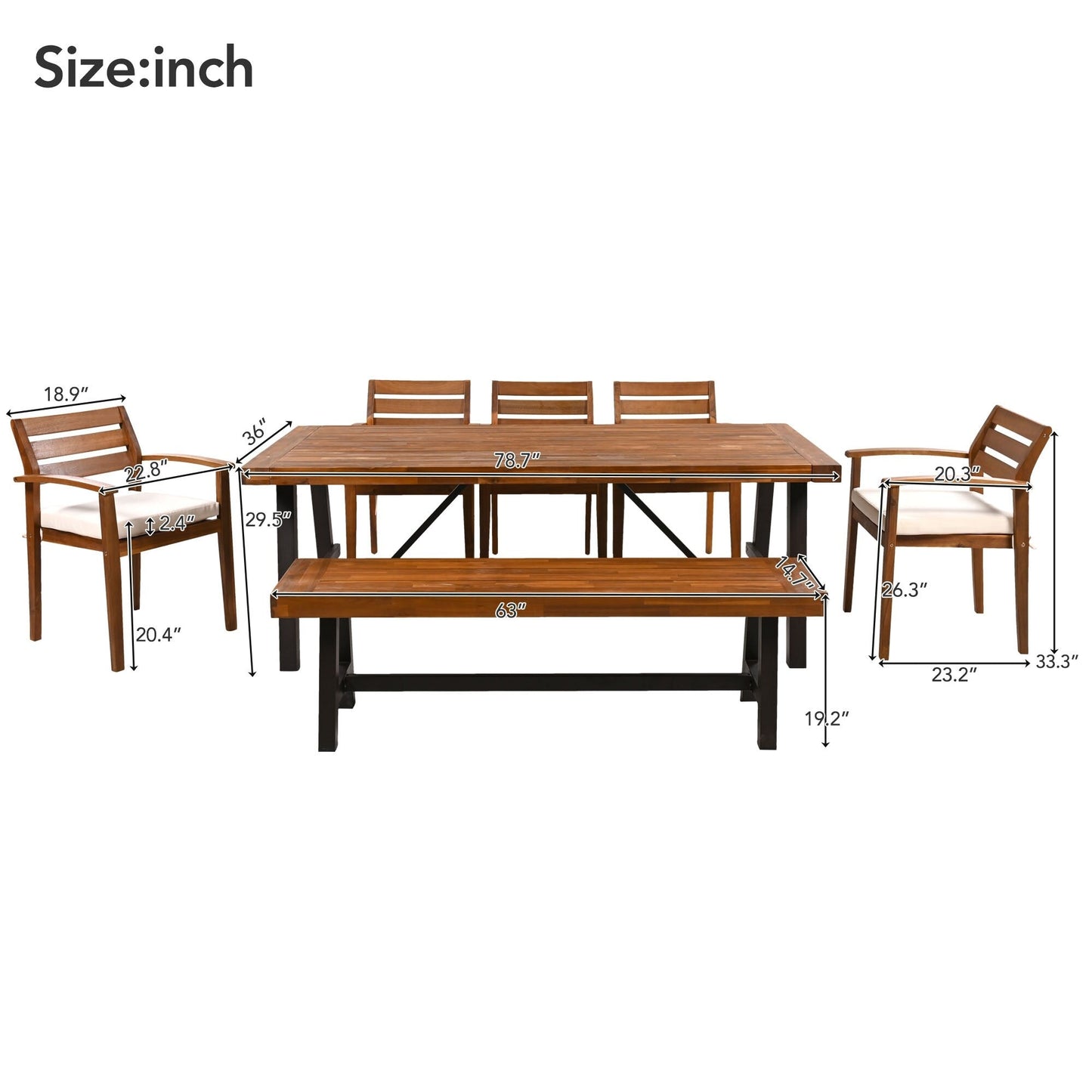 Set da pranzo da esterno in legno di acacia da 7 pezzi con cuscini rimovibili e panca