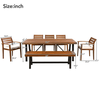 Set da pranzo da esterno in legno di acacia da 7 pezzi con cuscini rimovibili e panca