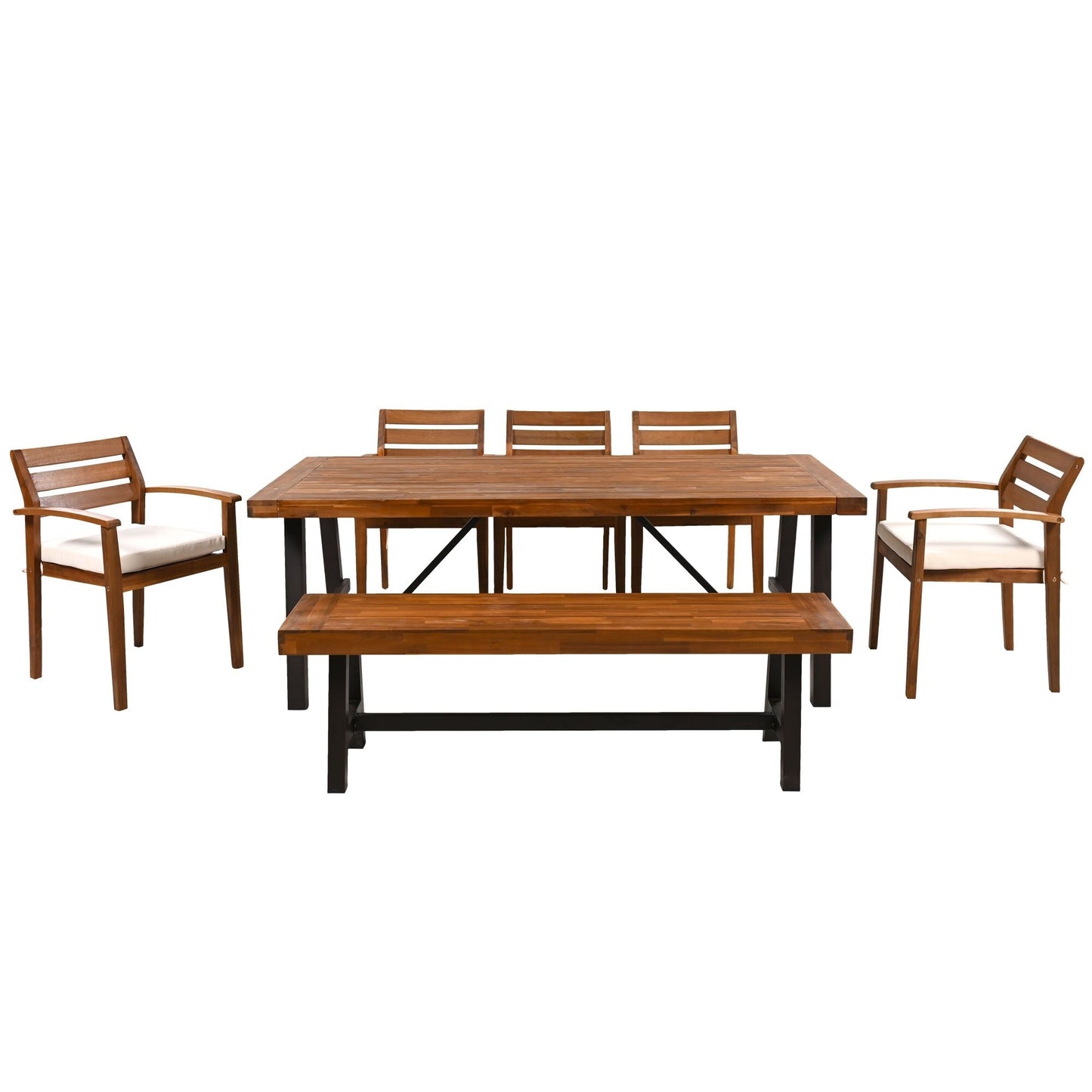 Set da pranzo da esterno in legno di acacia da 7 pezzi con cuscini rimovibili e panca