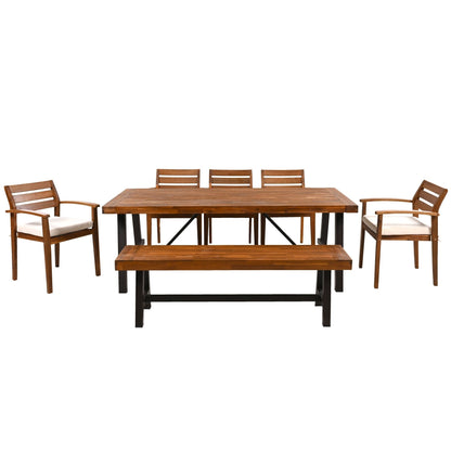 Set da pranzo da esterno in legno di acacia da 7 pezzi con cuscini rimovibili e panca