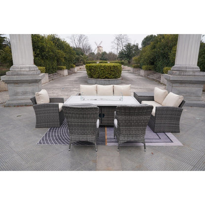 Set di divani da giardino in rattan da 7 pezzi con tavolo da pranzo in alluminio e poltrone