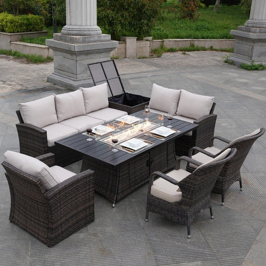 Set di divani da giardino in rattan da 7 pezzi con tavolo da pranzo in alluminio e poltrone