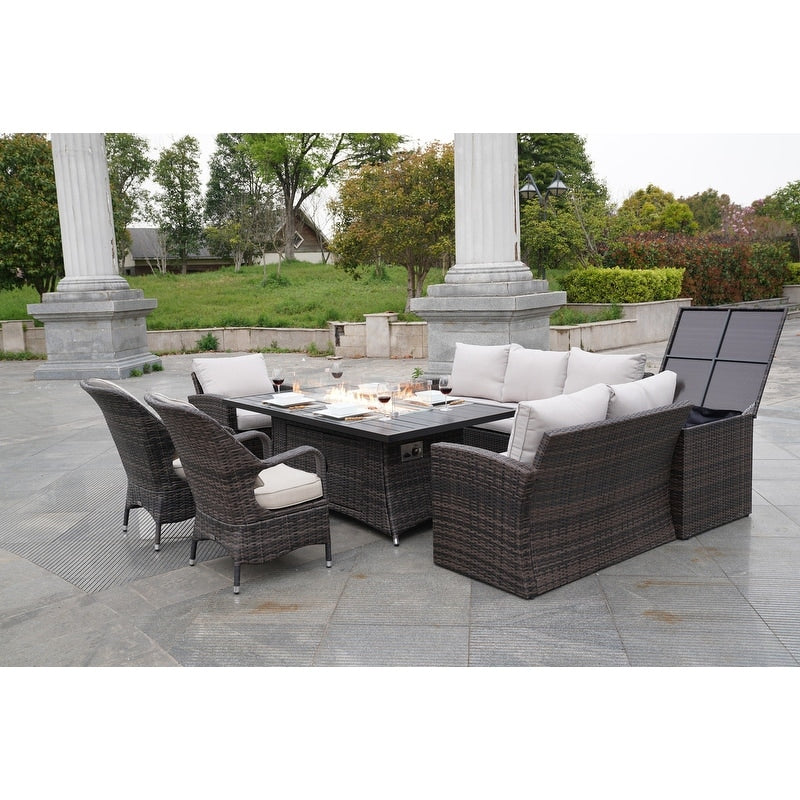 Set di divani da giardino in rattan da 7 pezzi con tavolo da pranzo in alluminio e poltrone