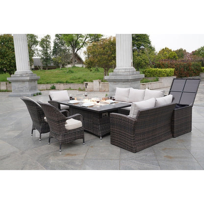 Set di divani da giardino in rattan da 7 pezzi con tavolo da pranzo in alluminio e poltrone