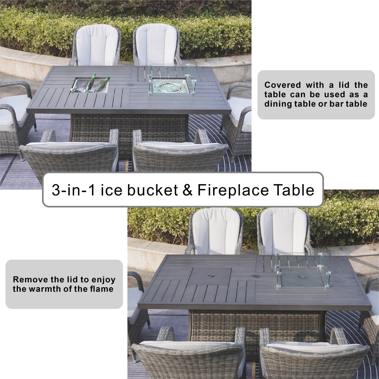 Set di divani da giardino da 7 pezzi con braciere e tavolo da pranzo con contenitore per il ghiaccio