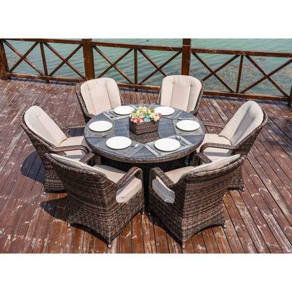 Set da pranzo rotondo da esterno in rattan e vimini, 7 pezzi, con cuscini, di Moda Furnishings
