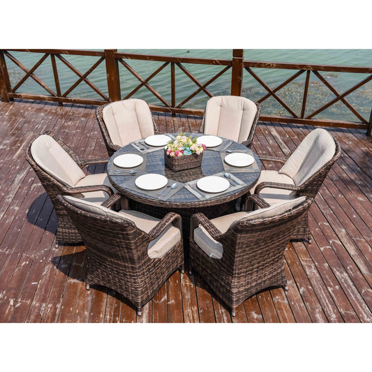 Set da pranzo rotondo da esterno in rattan e vimini, 7 pezzi, con cuscini, di Moda Furnishings