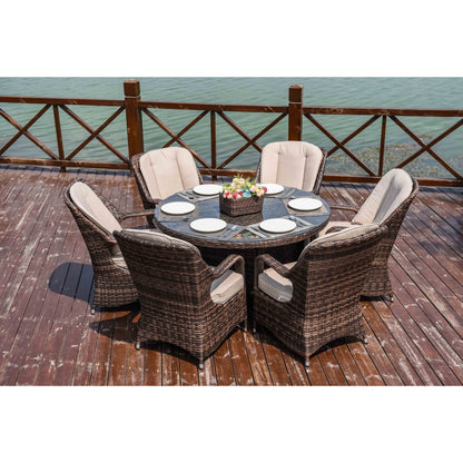 Set da pranzo rotondo da esterno in rattan e vimini, 7 pezzi, con cuscini, di Moda Furnishings