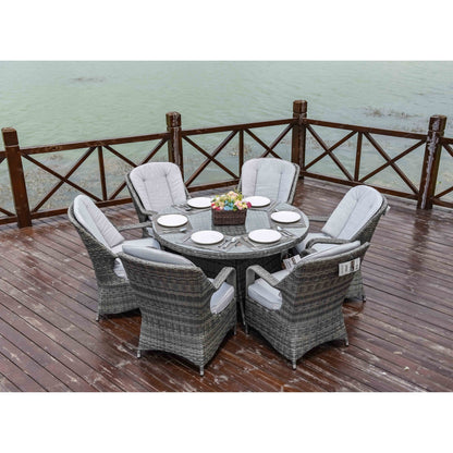 Set da pranzo rotondo da esterno in rattan e vimini, 7 pezzi, con cuscini, di Moda Furnishings