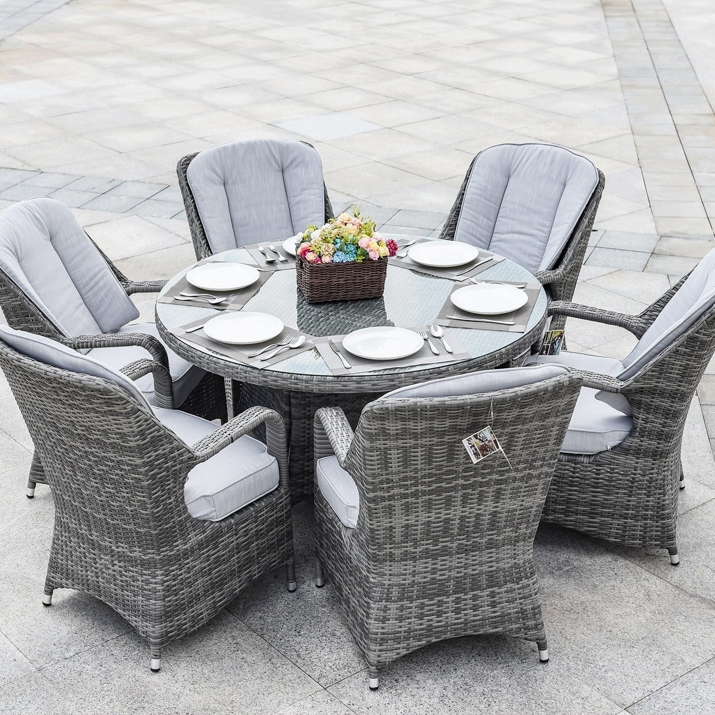 Set da pranzo rotondo da esterno in rattan e vimini, 7 pezzi, con cuscini, di Moda Furnishings