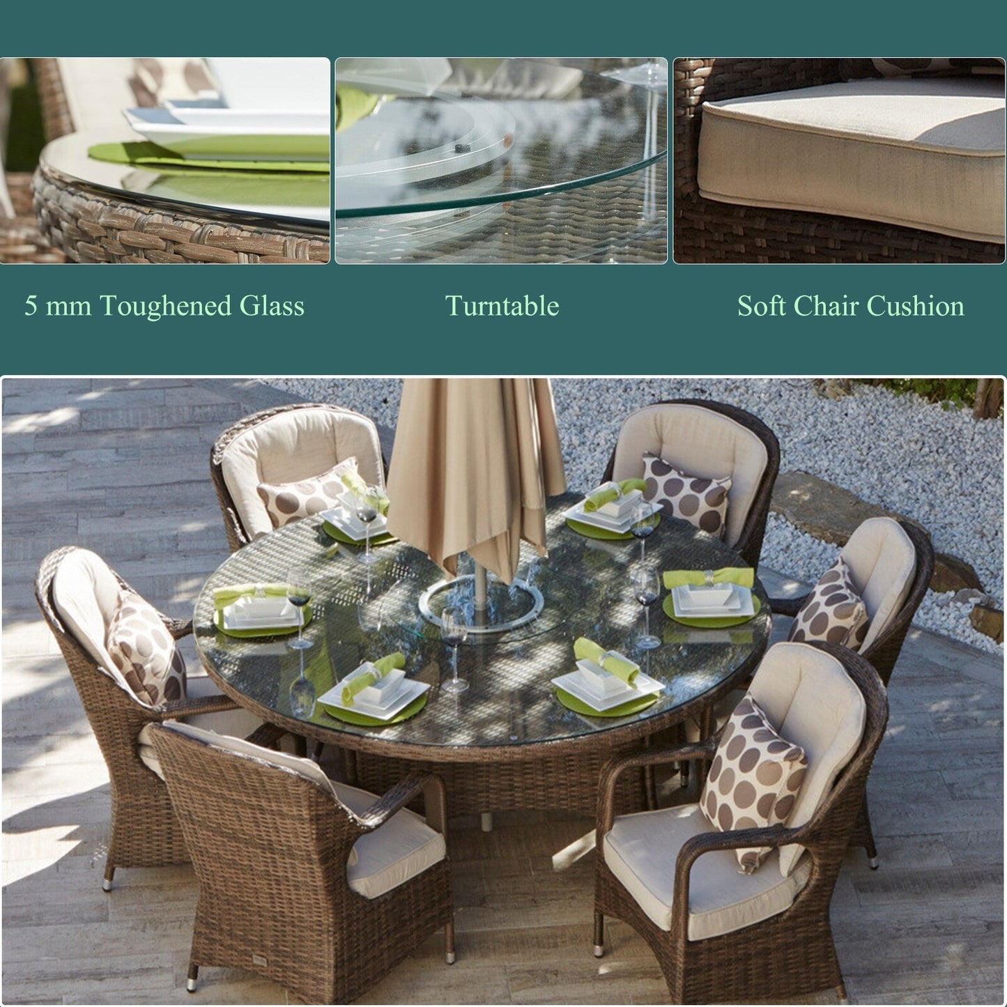 Set da pranzo rotondo da esterno in rattan e vimini, 7 pezzi, con cuscini, di Moda Furnishings