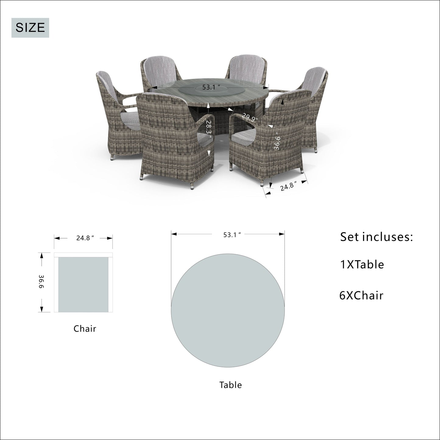 Set da pranzo rotondo da esterno in rattan e vimini, 7 pezzi, con cuscini, di Moda Furnishings