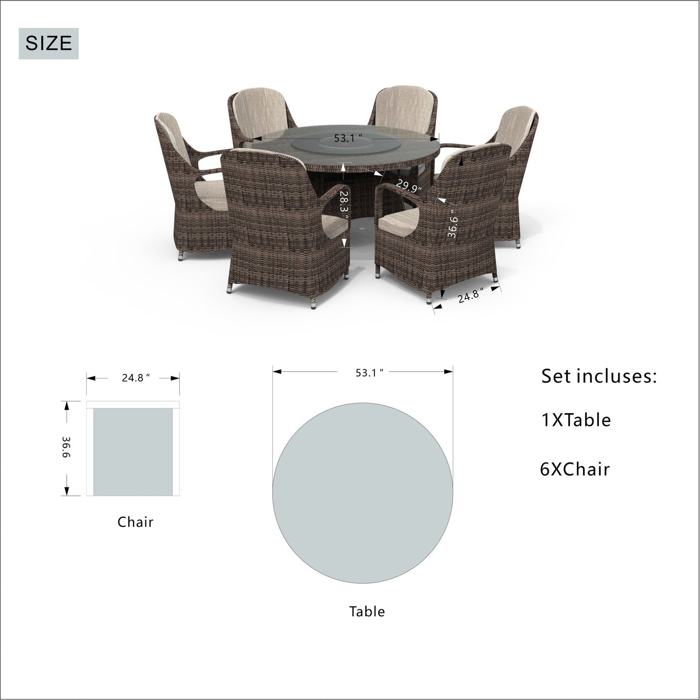 Set da pranzo rotondo da esterno in rattan e vimini, 7 pezzi, con cuscini, di Moda Furnishings