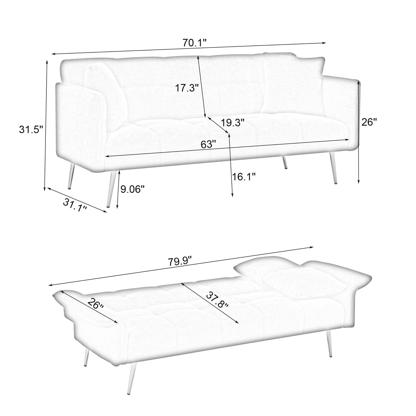 Divano letto in pile da 70 pollici, divano letto futon convertibile con braccioli e schienale regolabili