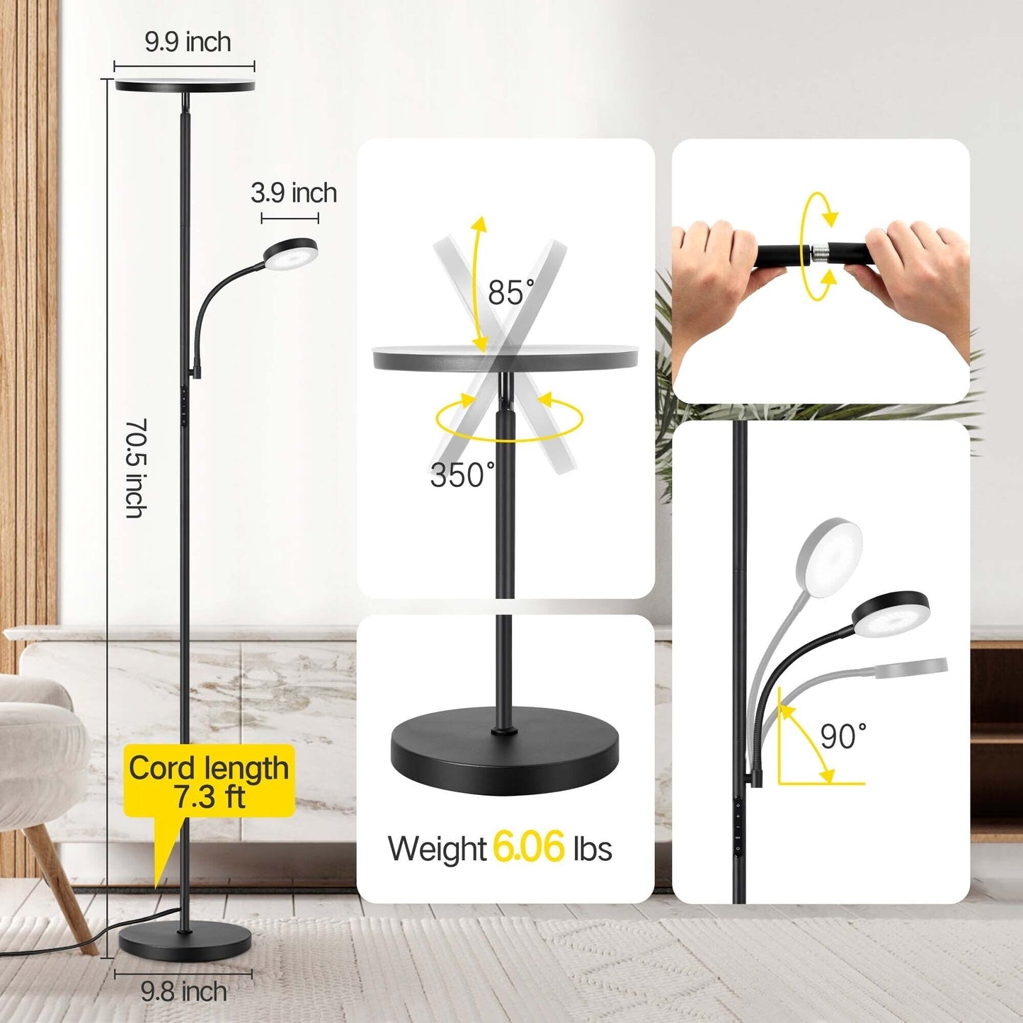 Lampada da terra Torchiere a 70 LED con controllo touch e telecomando - N/D