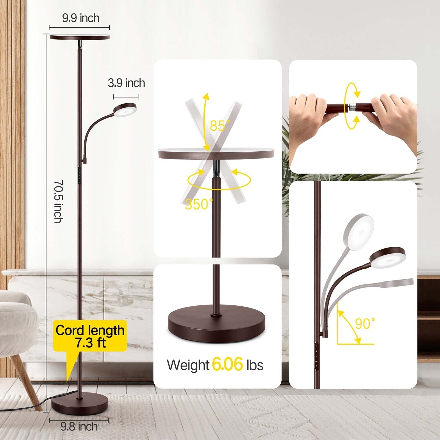 Lampada da terra Torchiere a 70 LED con controllo touch e telecomando - N/D
