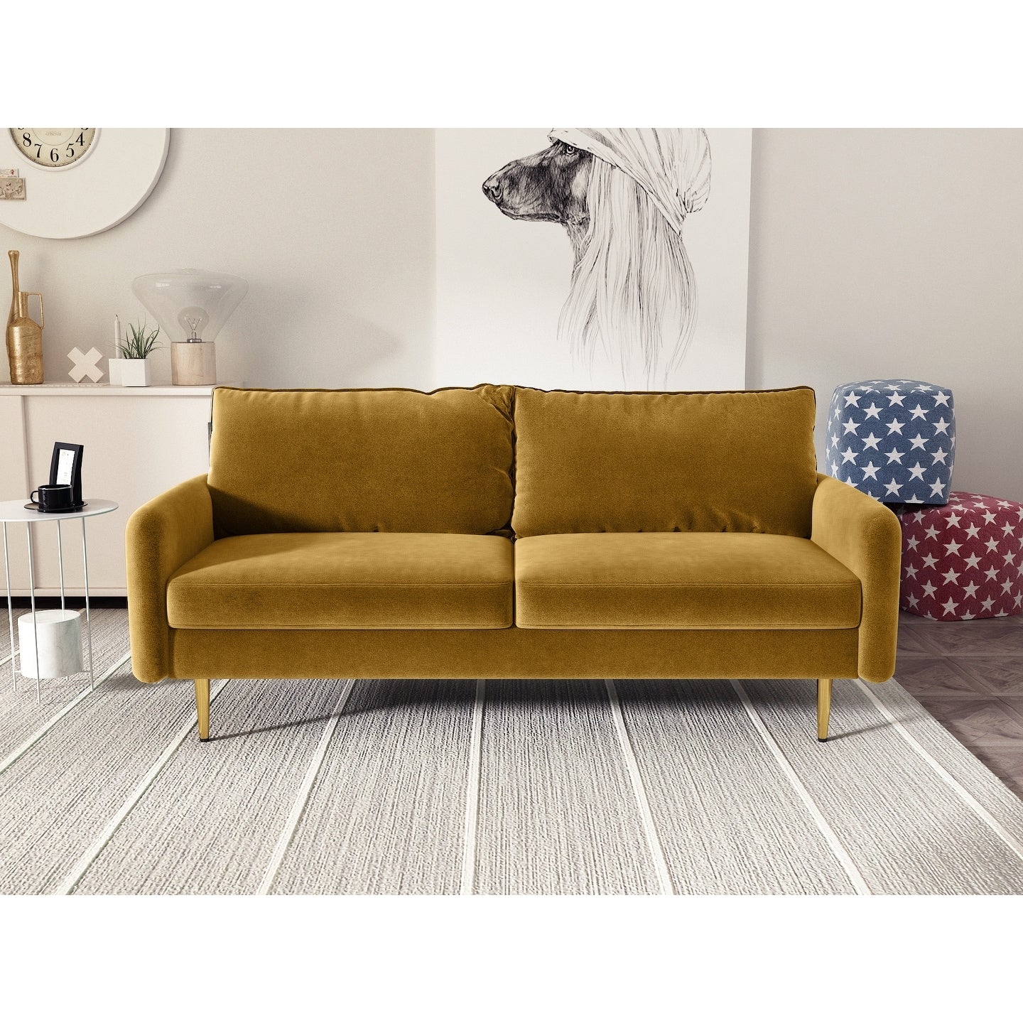 Divano con braccioli quadrati in velluto da 70''