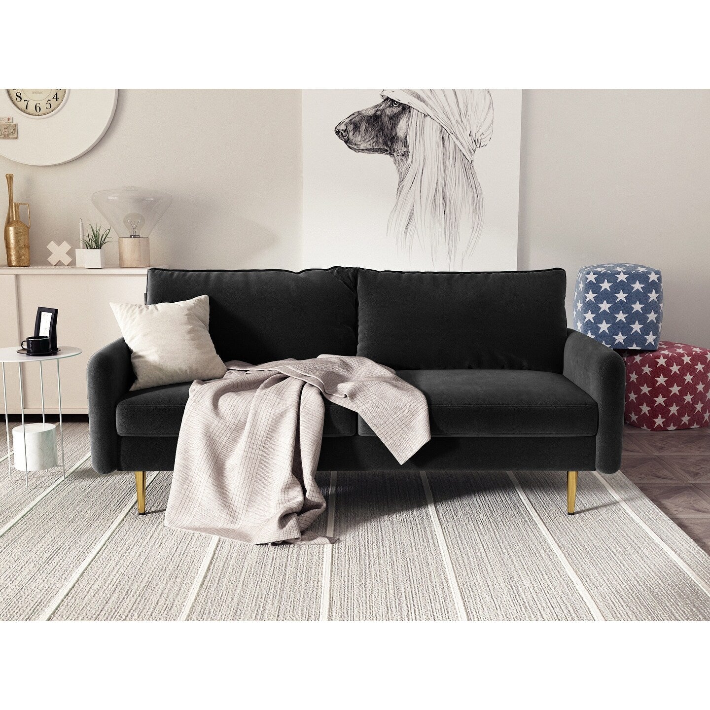 Divano con braccioli quadrati in velluto da 70''