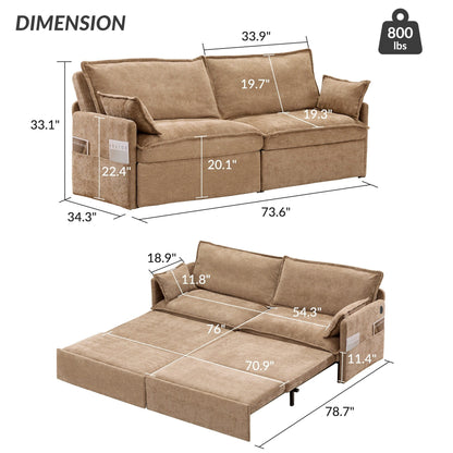 Divano letto convertibile 3 in 1 in velluto a coste da 73,6 pollici con letto estraibile, porte di ricarica USB e vano portaoggetti laterale