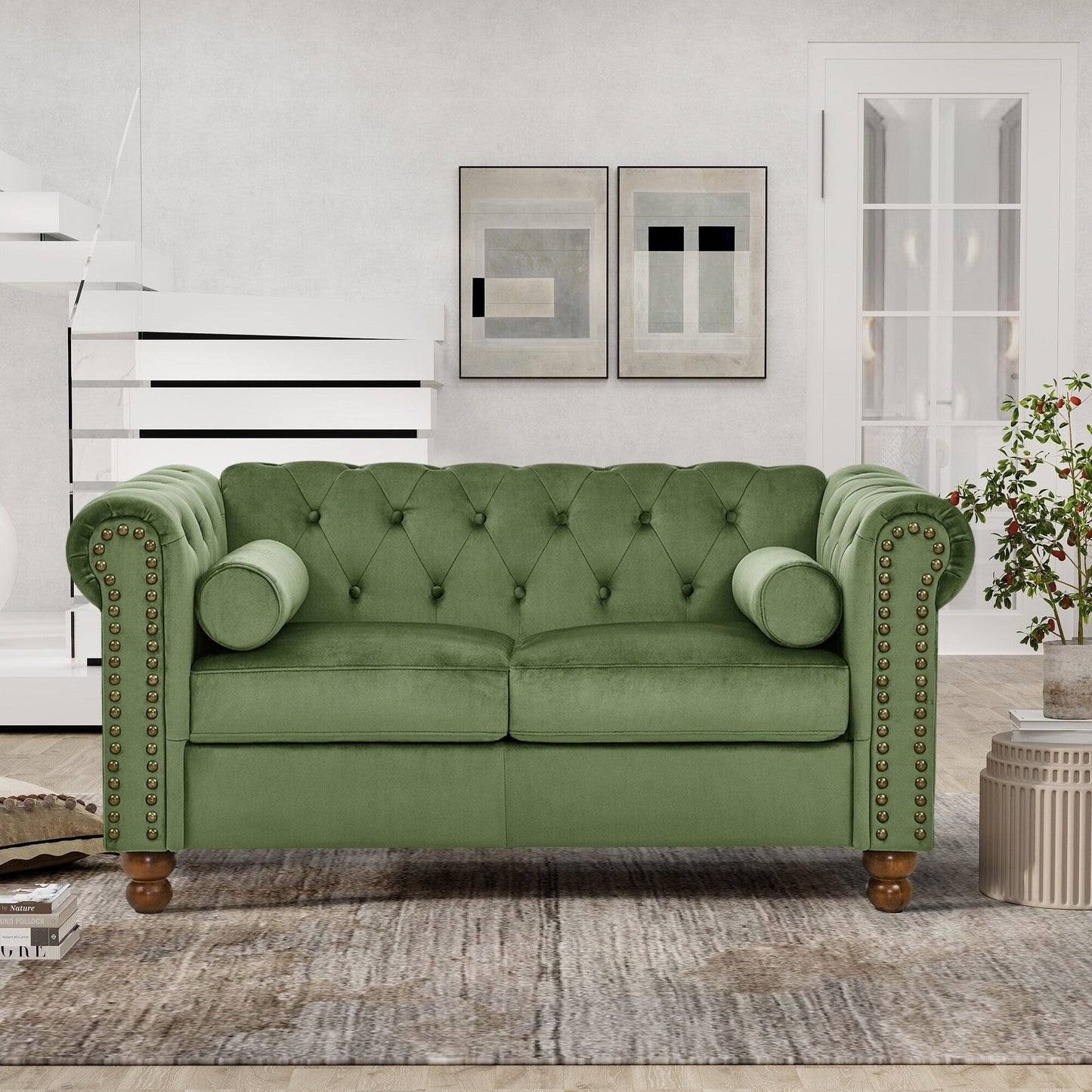 Divano a 3 posti in velluto 74,5 con schienale trapuntato a bottoni, braccioli a volute, gambe tornite e design classico