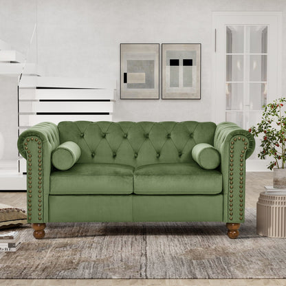 Divano a 3 posti in velluto 74,5 con schienale trapuntato a bottoni, braccioli a volute, gambe tornite e design classico