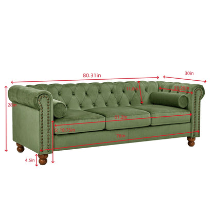 Divano a 3 posti in velluto 74,5 con schienale trapuntato a bottoni, braccioli a volute, gambe tornite e design classico