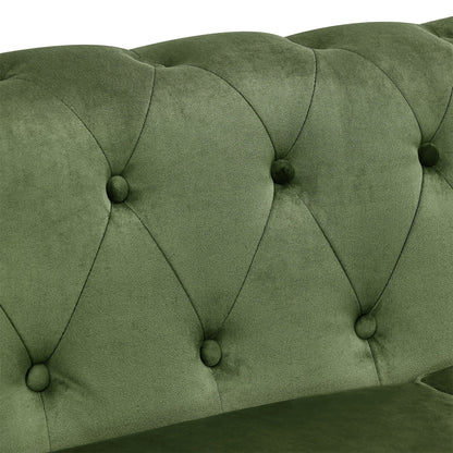 Divano a 3 posti in velluto 74,5 con schienale trapuntato a bottoni, braccioli a volute, gambe tornite e design classico