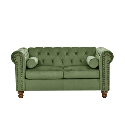 Divano a 3 posti in velluto 74,5 con schienale trapuntato a bottoni, braccioli a volute, gambe tornite e design classico