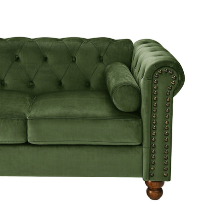 Divano a 3 posti in velluto 74,5 con schienale trapuntato a bottoni, braccioli a volute, gambe tornite e design classico