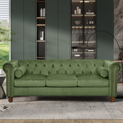 Divano a 3 posti in velluto da 74,5'' con capitonné, dettagli con borchie e gambe tornite