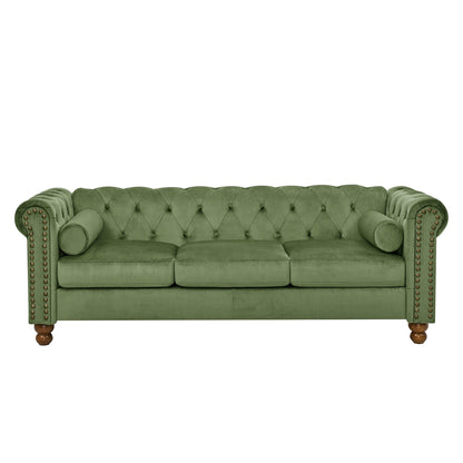Divano morbido in velluto a 3 posti da 74,5'' con design capitonné, schienale capitonné con bottoni, braccioli a volute, gambe tornite