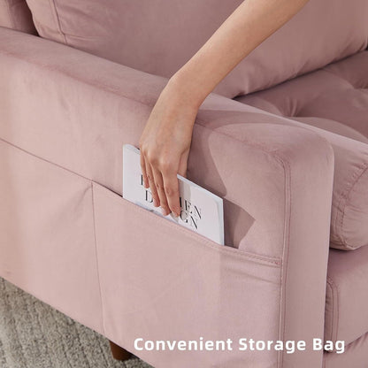 Divano moderno in tessuto da 74'' a 3 posti con schiuma ad alta densità, gambe in legno e tasche portaoggetti