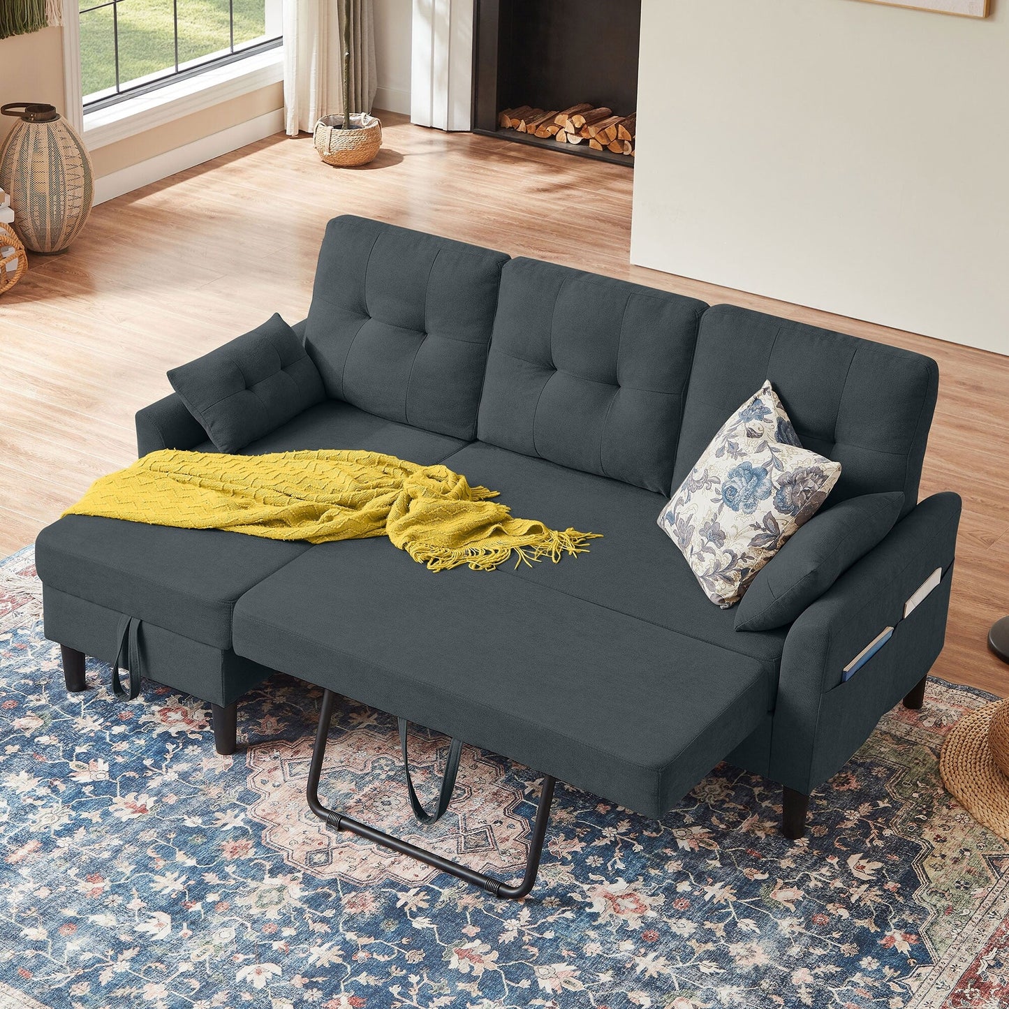 Divano letto imbottito estraibile 76.18 con chaise longue contenitore