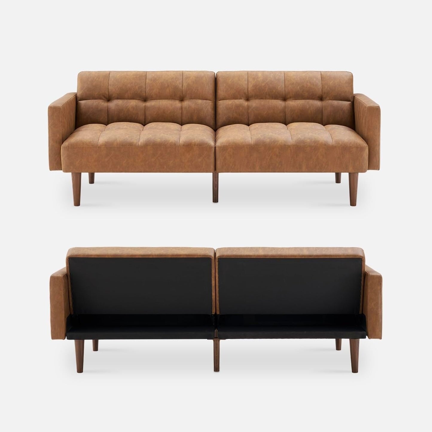 Divano letto futon Mid Century 76.8 - Divano letto trasformabile per soggiorno e camera da letto, in similpelle color marrone pecan