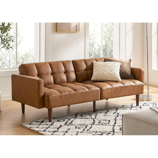 Divano letto futon Mid Century 76.8 - Divano letto trasformabile per soggiorno e camera da letto, in similpelle color marrone pecan