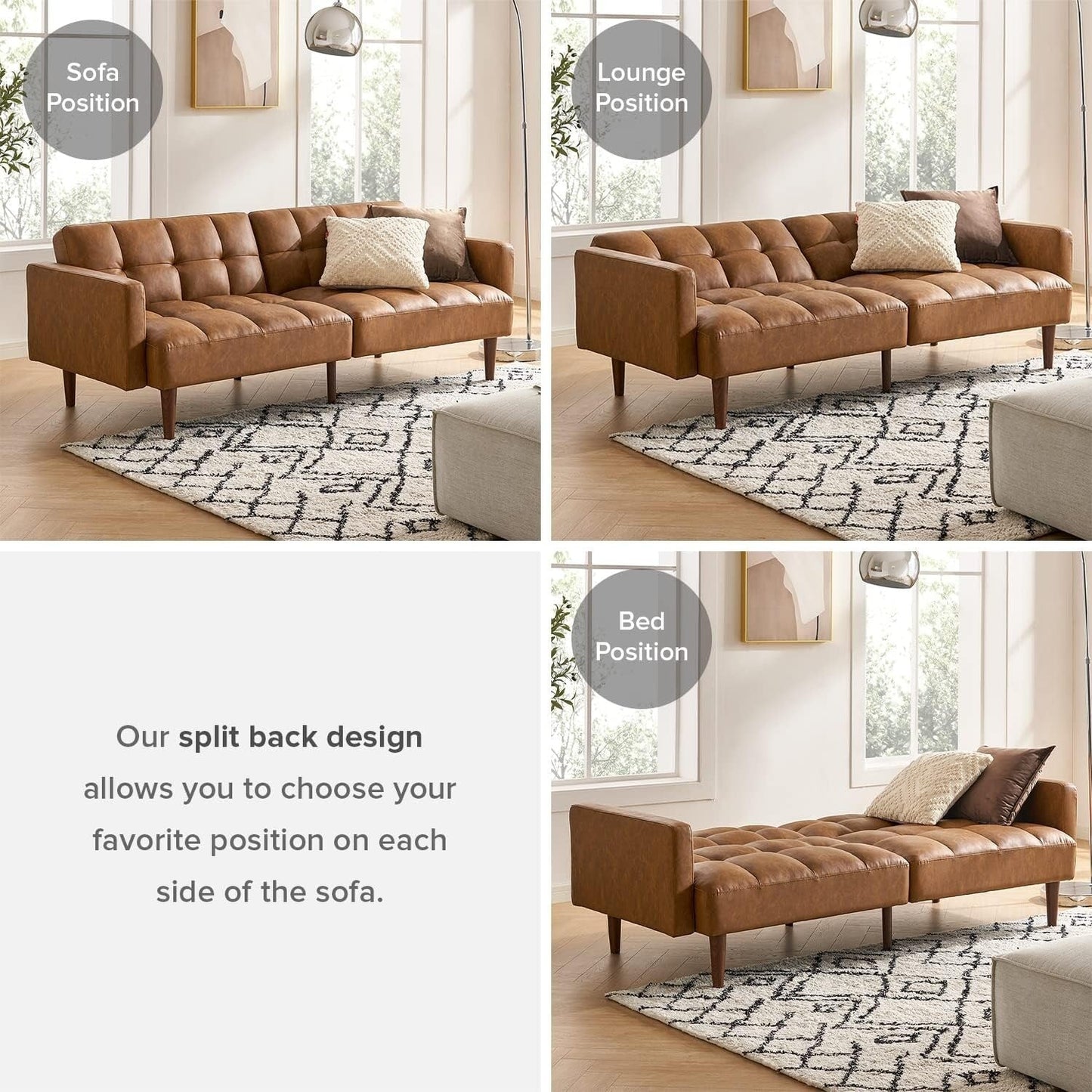 Divano letto futon Mid Century 76.8 - Divano letto trasformabile per soggiorno e camera da letto, in similpelle color marrone pecan