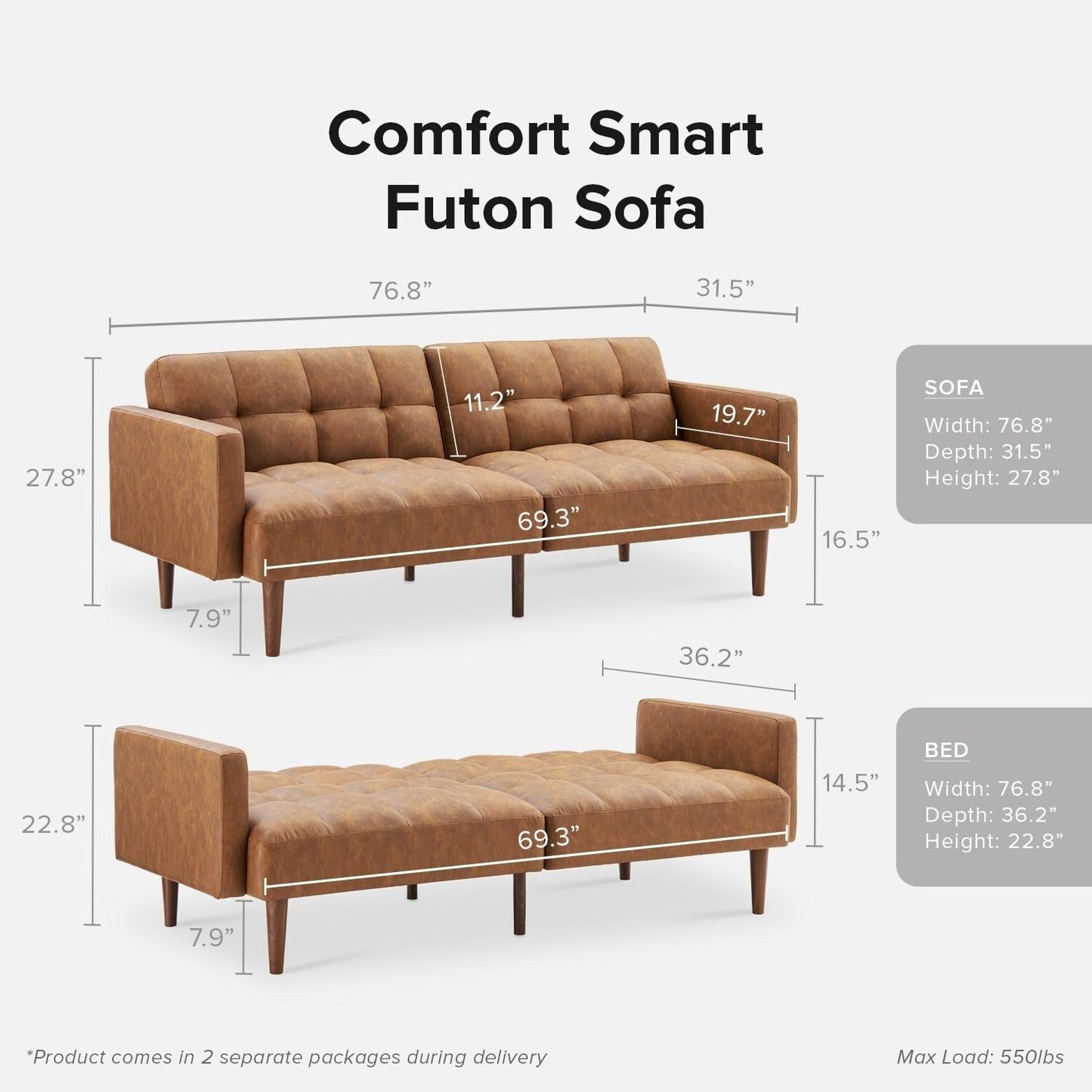 Divano letto futon Mid Century 76.8 - Divano letto trasformabile per soggiorno e camera da letto, in similpelle color marrone pecan