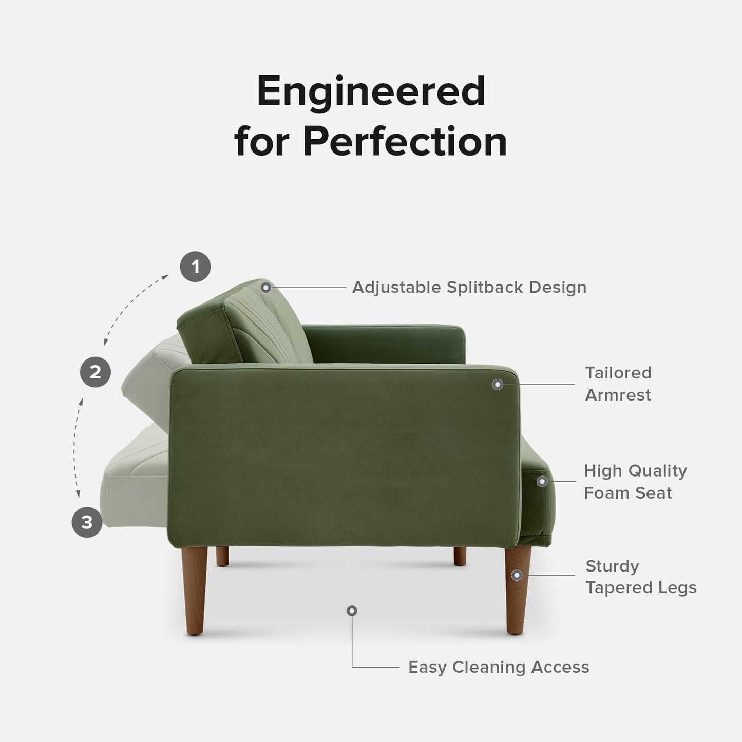 Divano letto futon moderno di metà secolo da 76,8 cm - Divano a due posti con fodera in velluto di alta qualità per soggiorno, verde oliva
