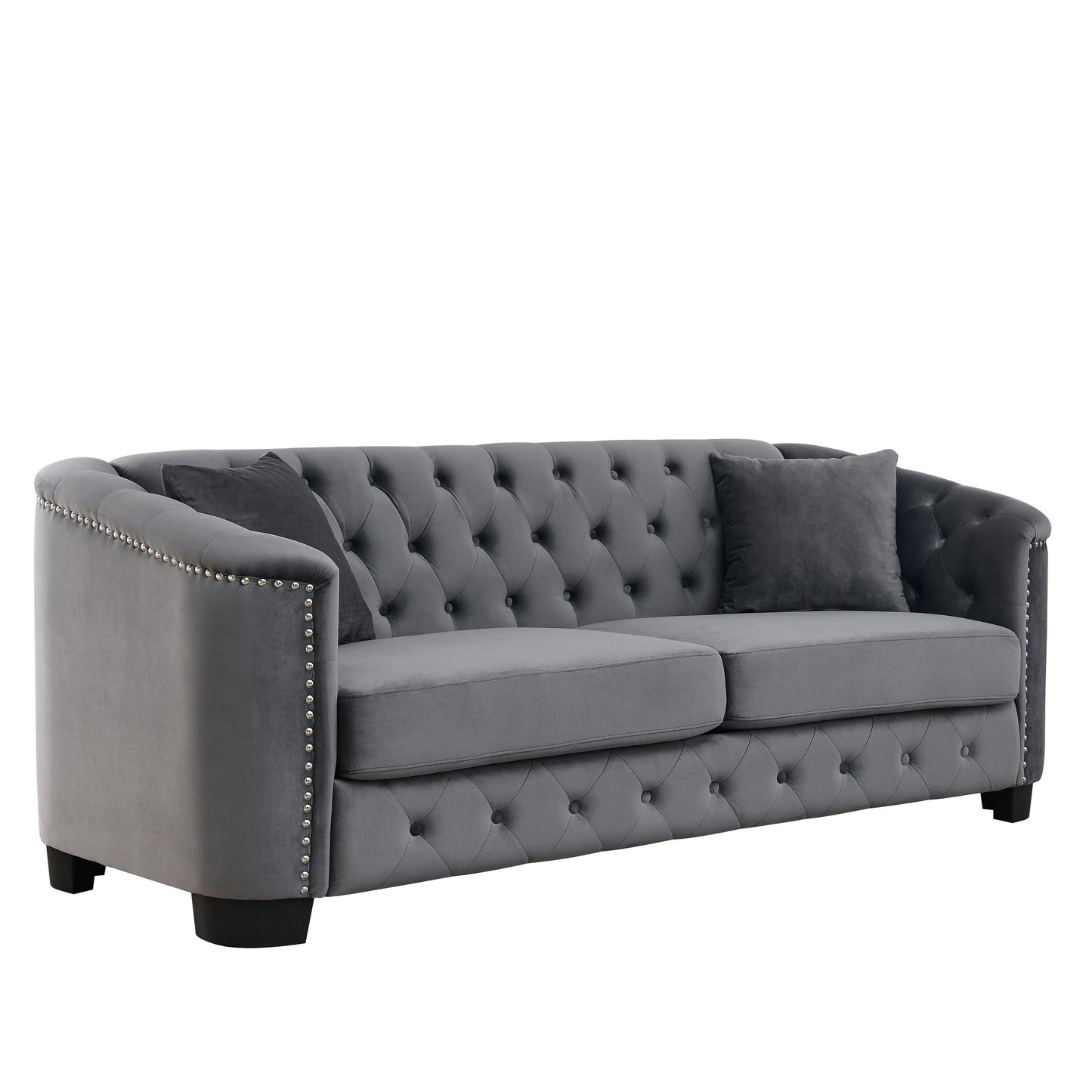 Divano moderno in velluto a 3 posti da 77'' con schienale capitonné, finiture con borchie e 2 cuscini
