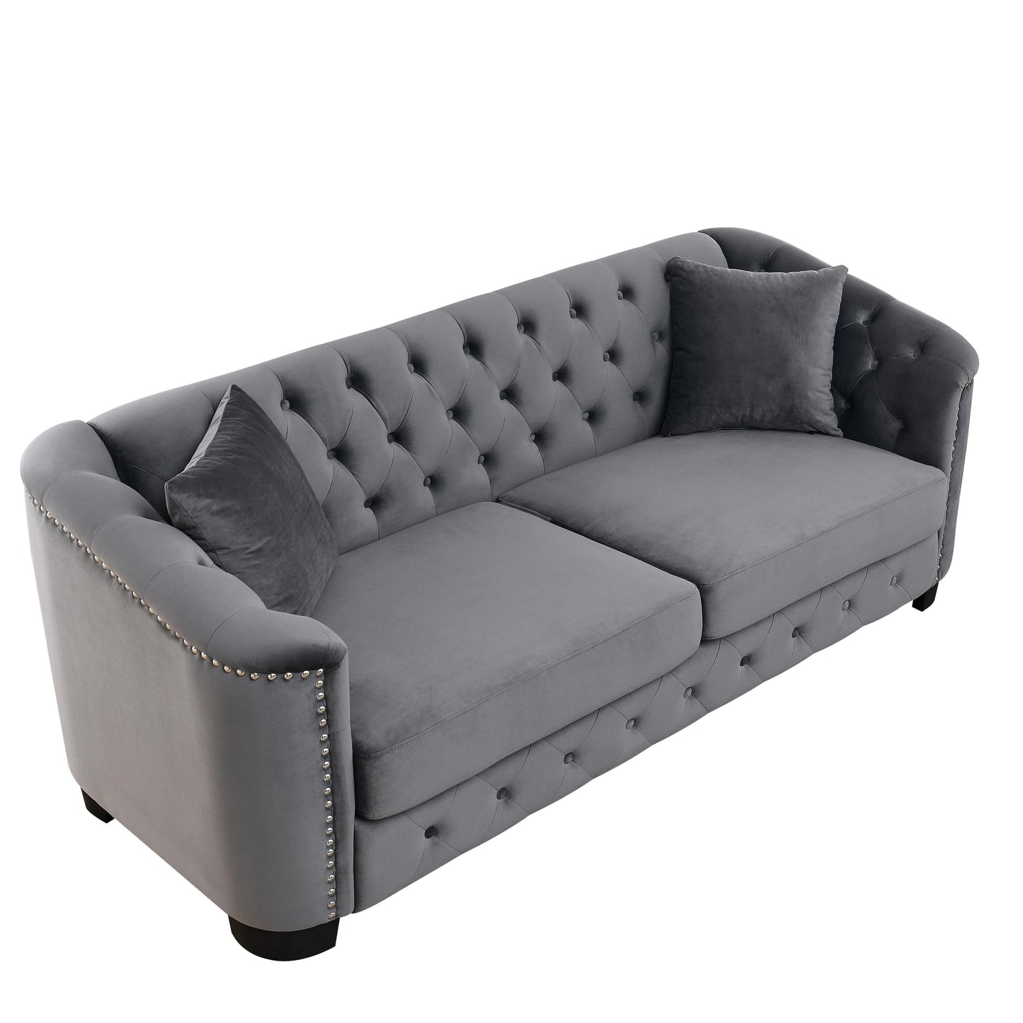 Divano moderno in velluto a 3 posti da 77'' con schienale capitonné, finiture con borchie e 2 cuscini