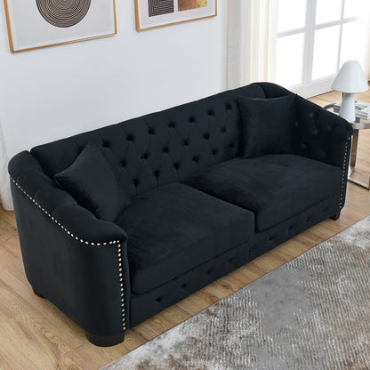 Divano moderno in velluto a 3 posti da 77'' con schienale capitonné, finiture con borchie e 2 cuscini