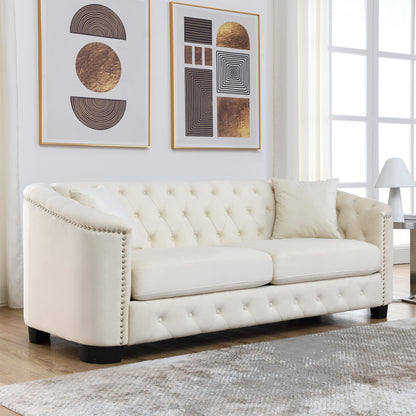Divano moderno in velluto a 3 posti da 77'' con schienale capitonné, finiture con borchie e 2 cuscini